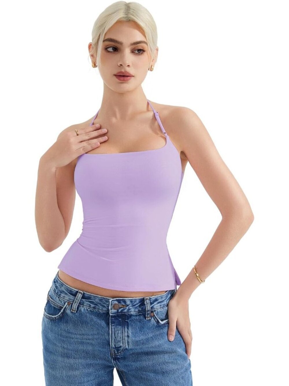 Women's Lilac Sleeveless Backless Double Lined Pull On Imported Tank Top - Picture 6 of 6